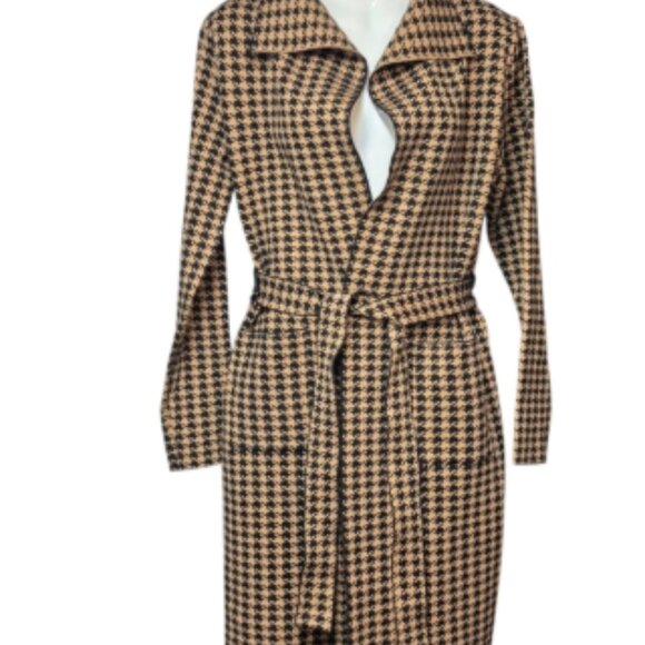New Tahari Black Tan Houndstooth Sweater Cardigan Belted Pockets Women's Size S - Picture 12 of 12